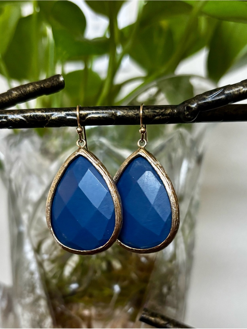 Blue Teardrop Faceted Dangle Earrings - Gold Trim
